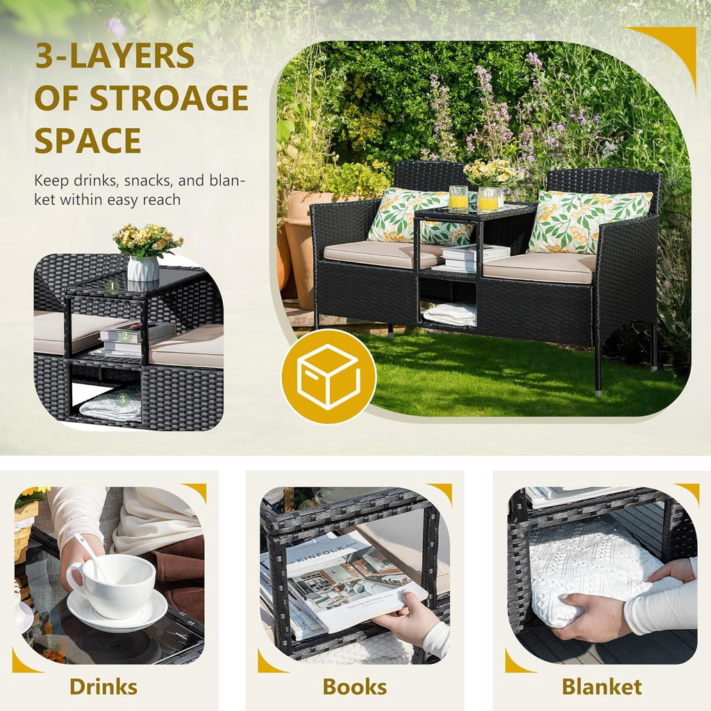 Flamaker Outdoor Wicker Patio Loveseat With Built-In Table And Cushions, Beige - 49.2 x 21.3 x 30.9 in
