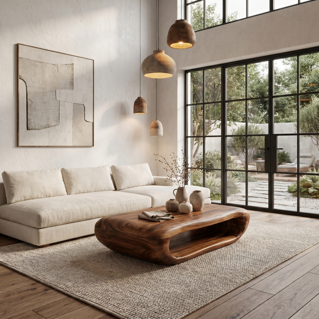 Organic Coffee Table with Open Storage, Solid Wood Living Room Table