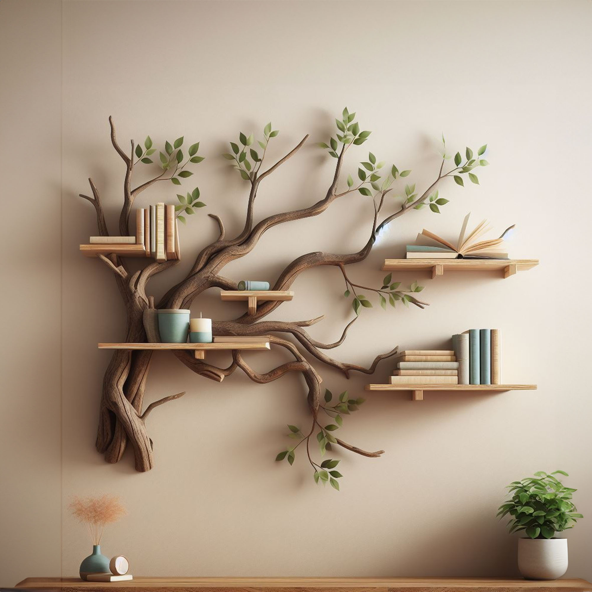 Tree Branch Bookshelf, Wild Mulberry Wood Wall Bookcase with Leaves