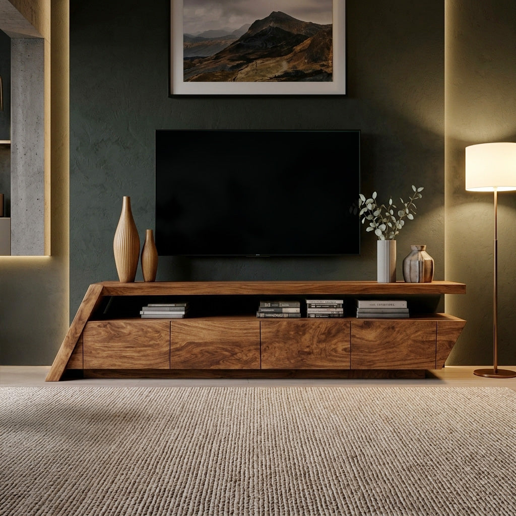 TV Stand, Modern Geometric Mid Century Solid Wood Media Console