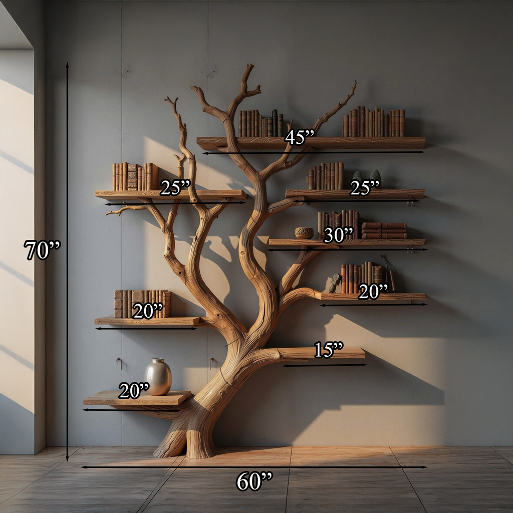 Tree Branch Bookshelf, Wall Mounted Floating Shelf with Real Branches