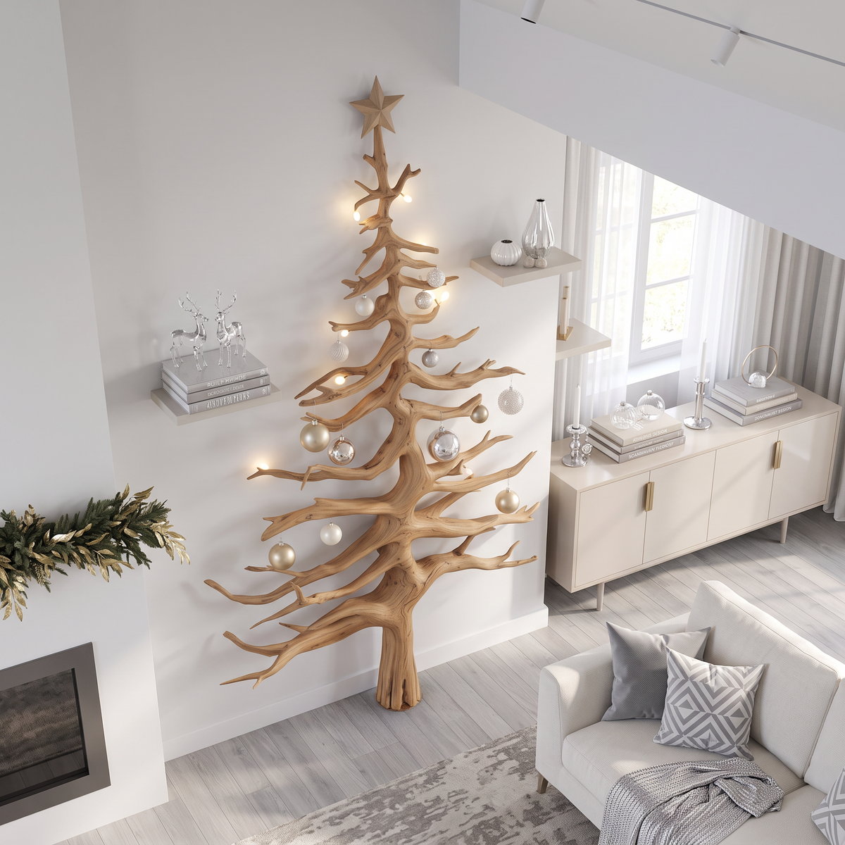 Christmas Tree Wall Decor, Rustic Solid Wood Tree Shelf