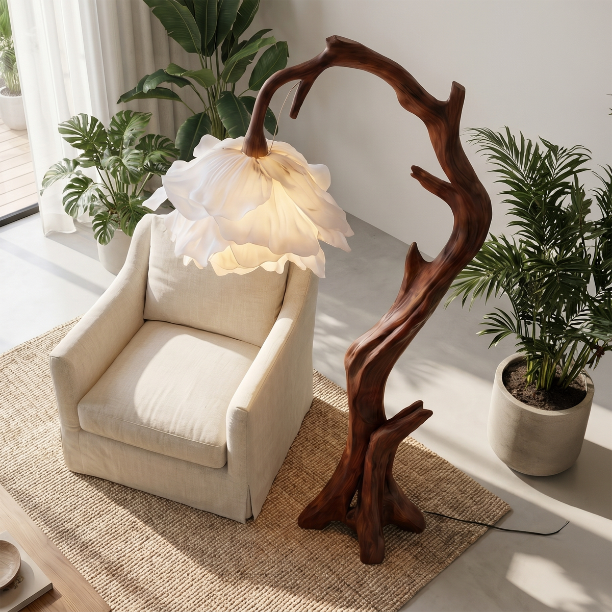 Flower Floor Lamp, Floral Shade Standing Light with Solid Wood Base