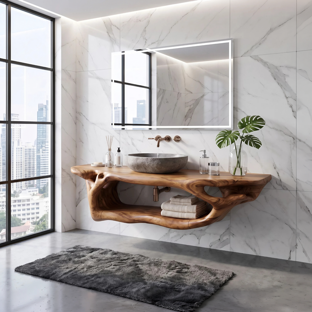 Rustic Bathroom Vanity, Live Edge Solid Wood Floating Sink Shelf