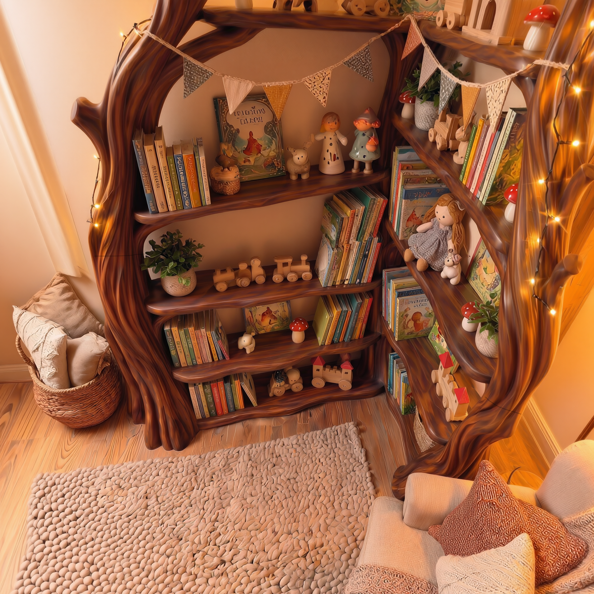 Corner Tree Bookshelf, Tall Wooden Branch Bookcase for Living Room