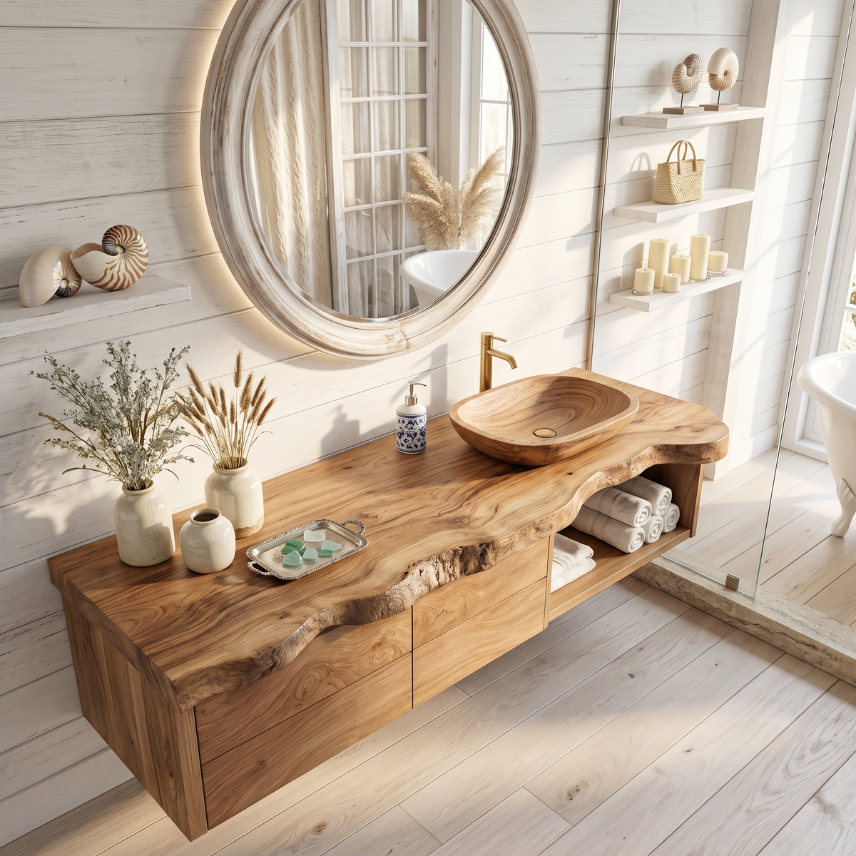 Live Edge Floating Vanity, Rustic Solid Wood Bathroom Vanity Shelf