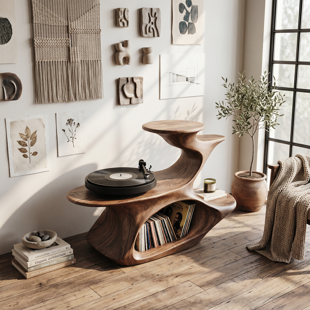 Live Edge Record Player Stand, Handcrafted Wood Vinyl Console