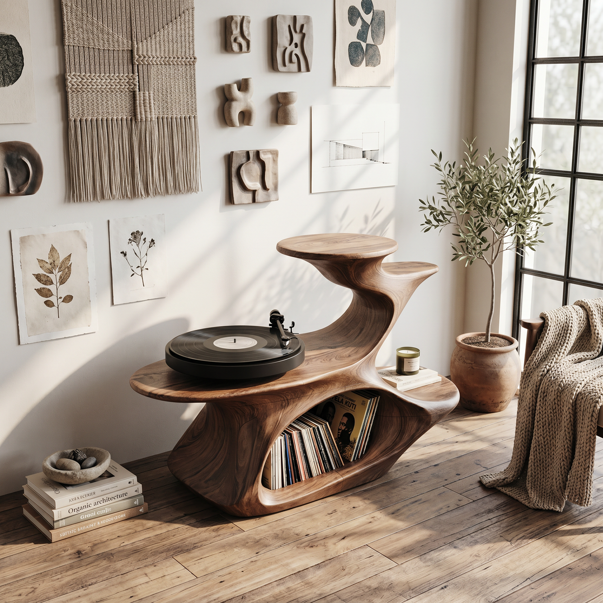 Live Edge Record Player Stand, Handcrafted Wood Vinyl Console
