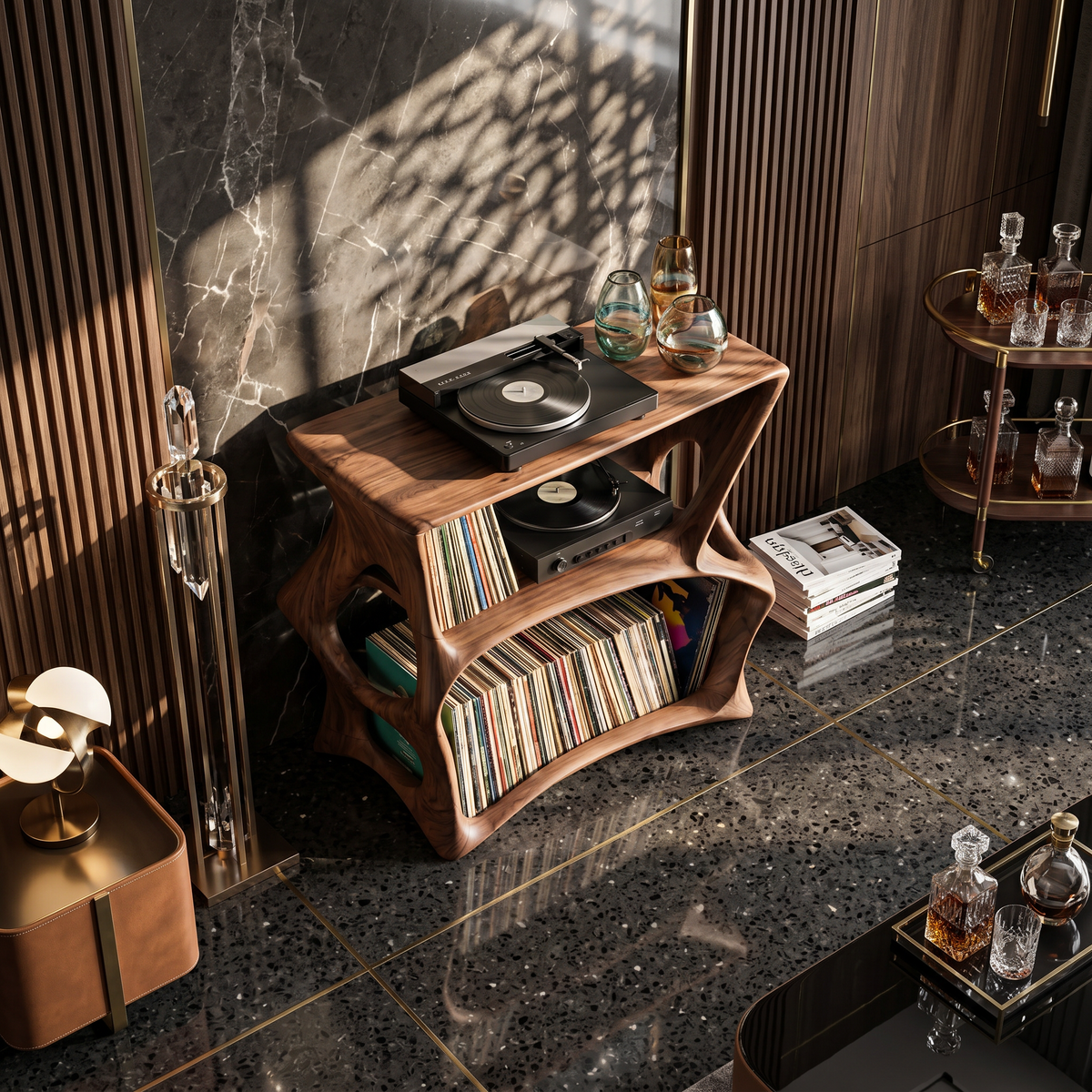 Record Player Stand, Farmhouse Solid Wood Vinyl Storage Console