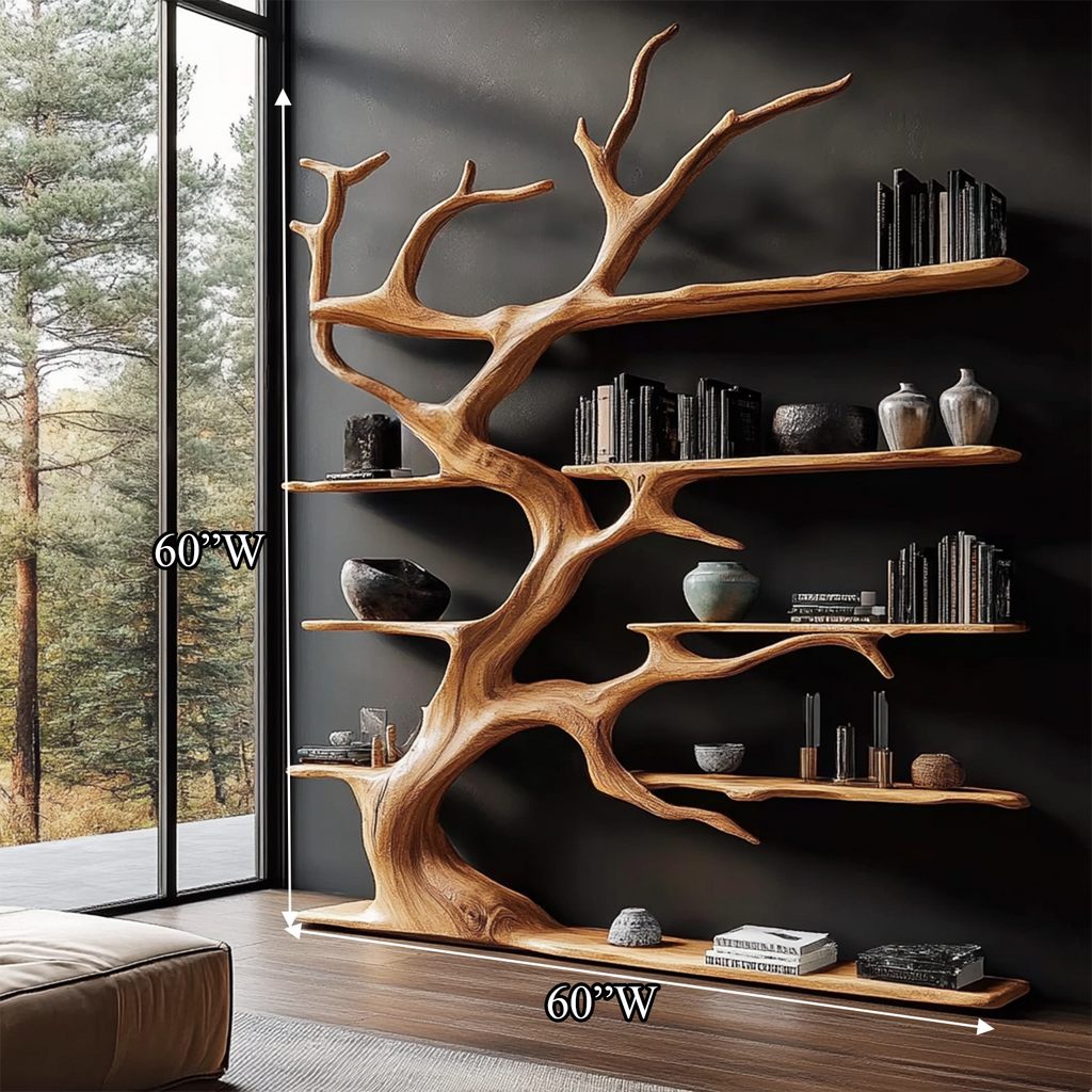 Rustic Tree Branch Bookshelf and Coat Rack for Living Room Decor