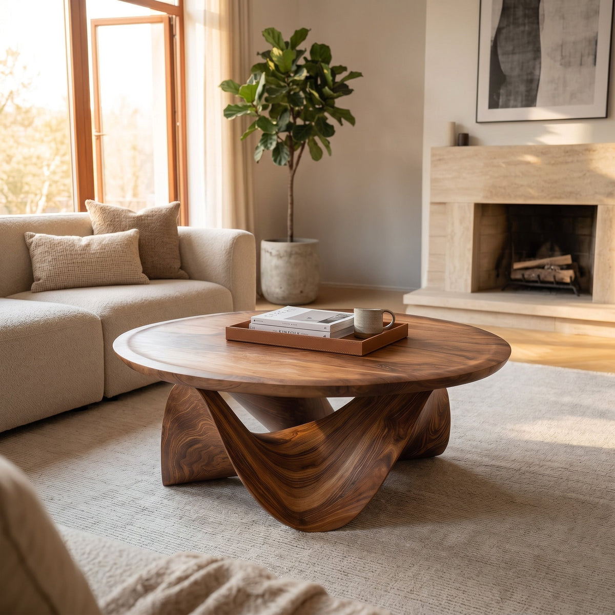 Round Coffee Table, Sculptural Solid Wood Low Table for Living Room