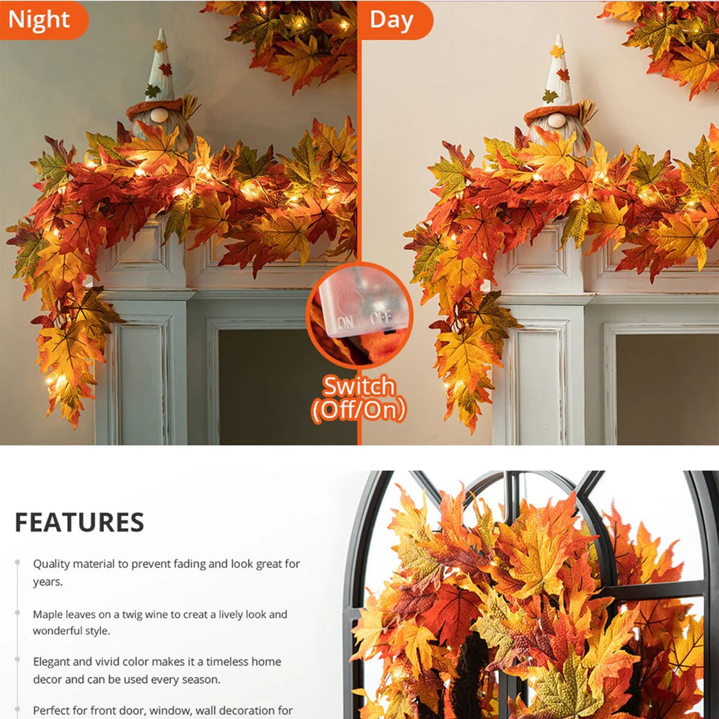 Thanksgiving LED Lighted Fall Maple Leaf Wreath And Garland, 24 in Wreath / 72 in Garland - 20 Clear Lights