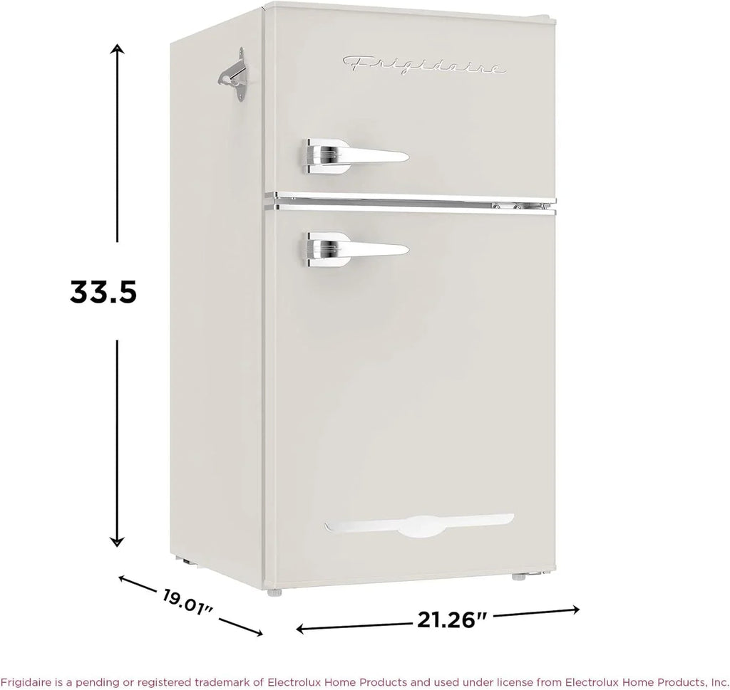 Frigidaire Retro 2 Door Mini Refrigerator With Freezer And Side Bottle Opener, 3.1 Cu Ft, 19in D x 20.5in W x 33.5in H