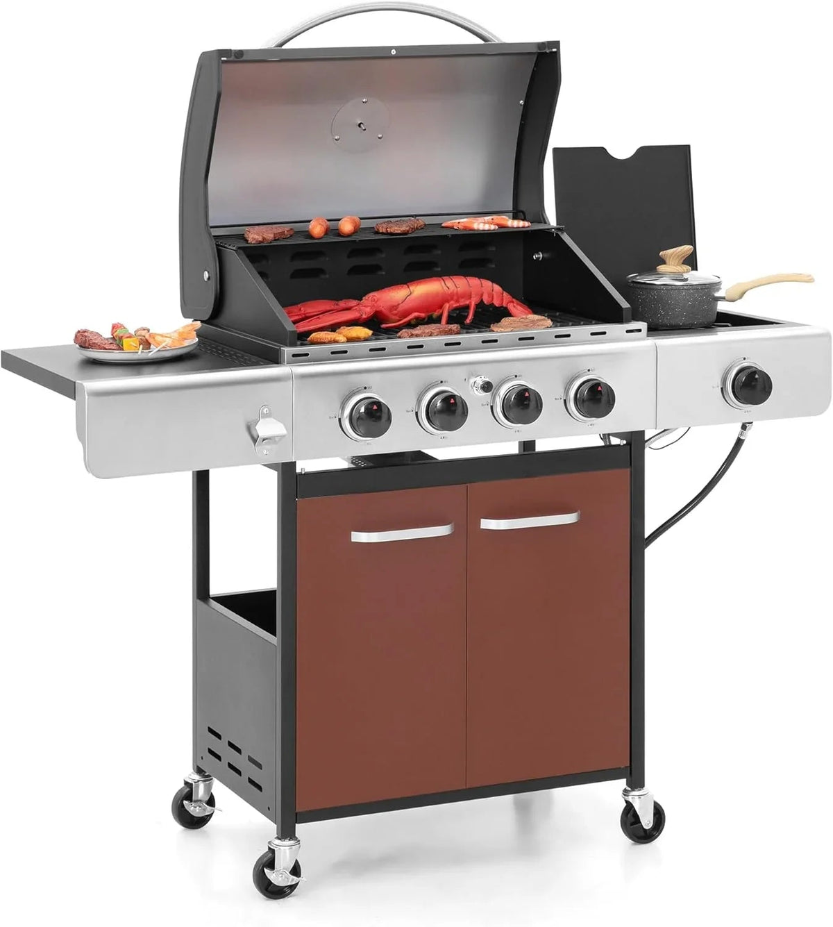 Captiva Designs 4-Burner Propane Gas Grill With Side Burner, 42,000 BTU, Silver - GR001