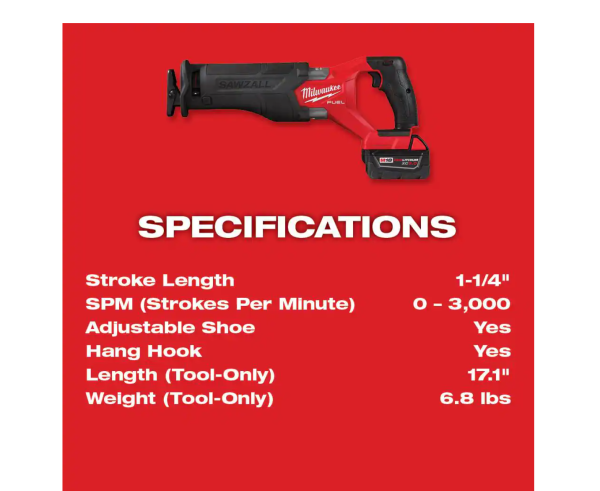 Milwaukee M18 FUEL 18V Lithium-Ion Brushless Cordless Reciprocating Saw Kit With One 5.0 Ah Battery, Charger And Case - 2821-21