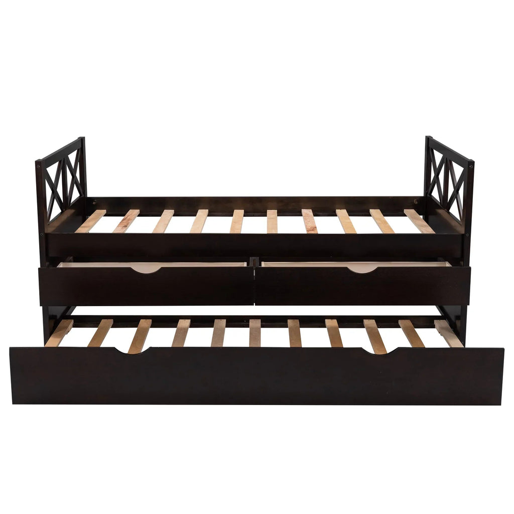 Captain Wood Twin Bed With Trundle And 3 Drawers, Brown, 78.9 in L x 42.7 in W x 36.2 in H
