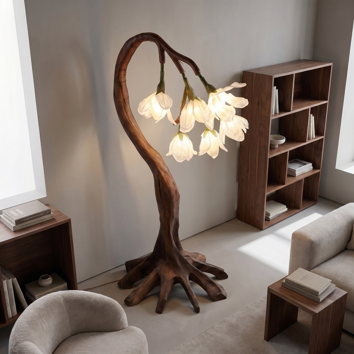 Flower Petal Floor Lamp, Sculptural Solid Wood Base Botanical Lighting