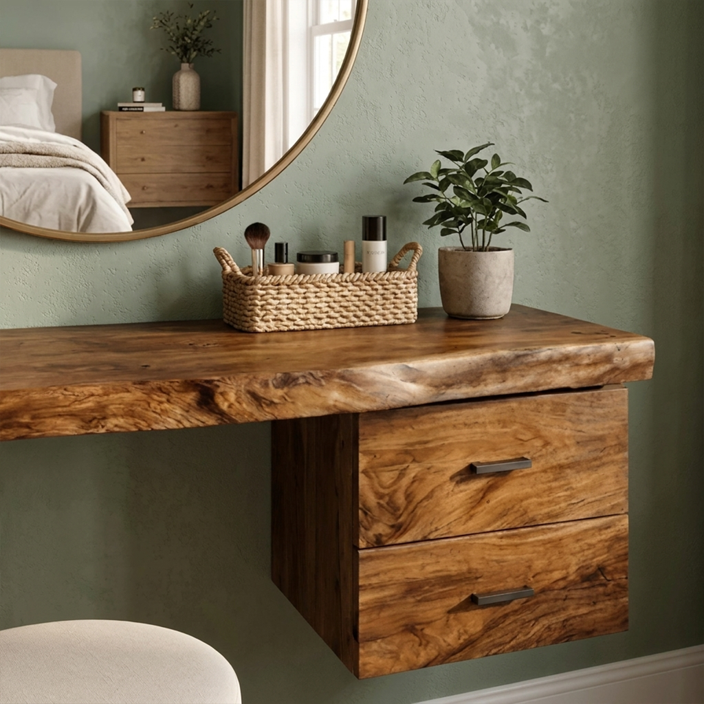Floating Dressing Table with Drawer, Modern Organic Solid Wood Vanity