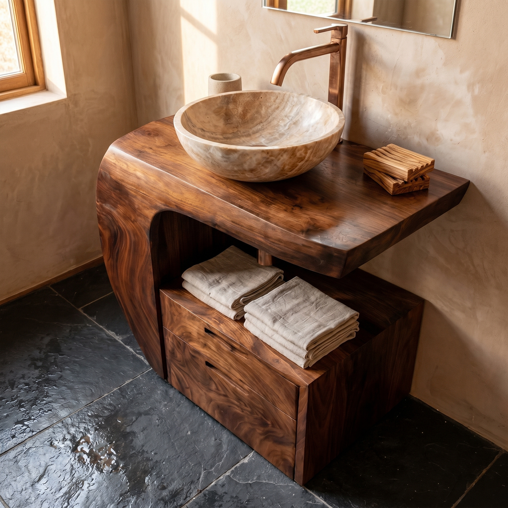 Bathroom Vanity with Storage, Modern Organic Natural Wood Sink Console