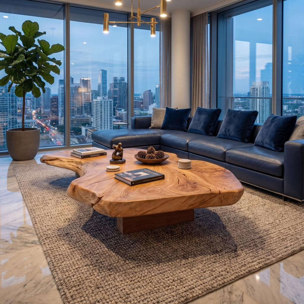 Organic Live Edge Coffee Table, Solid Wood Slab for Family Room