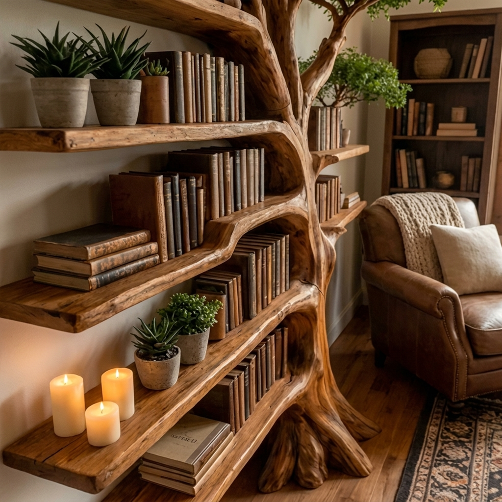 Tree Bookcase with Built-In Reading Bench, Nature Inspired Display