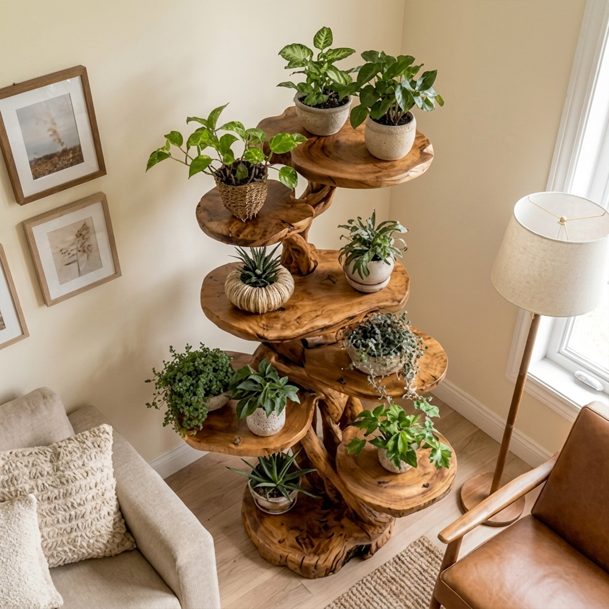 Rustic Tree Plant Shelf Solid Wood Branch Stand for Indoor Plants