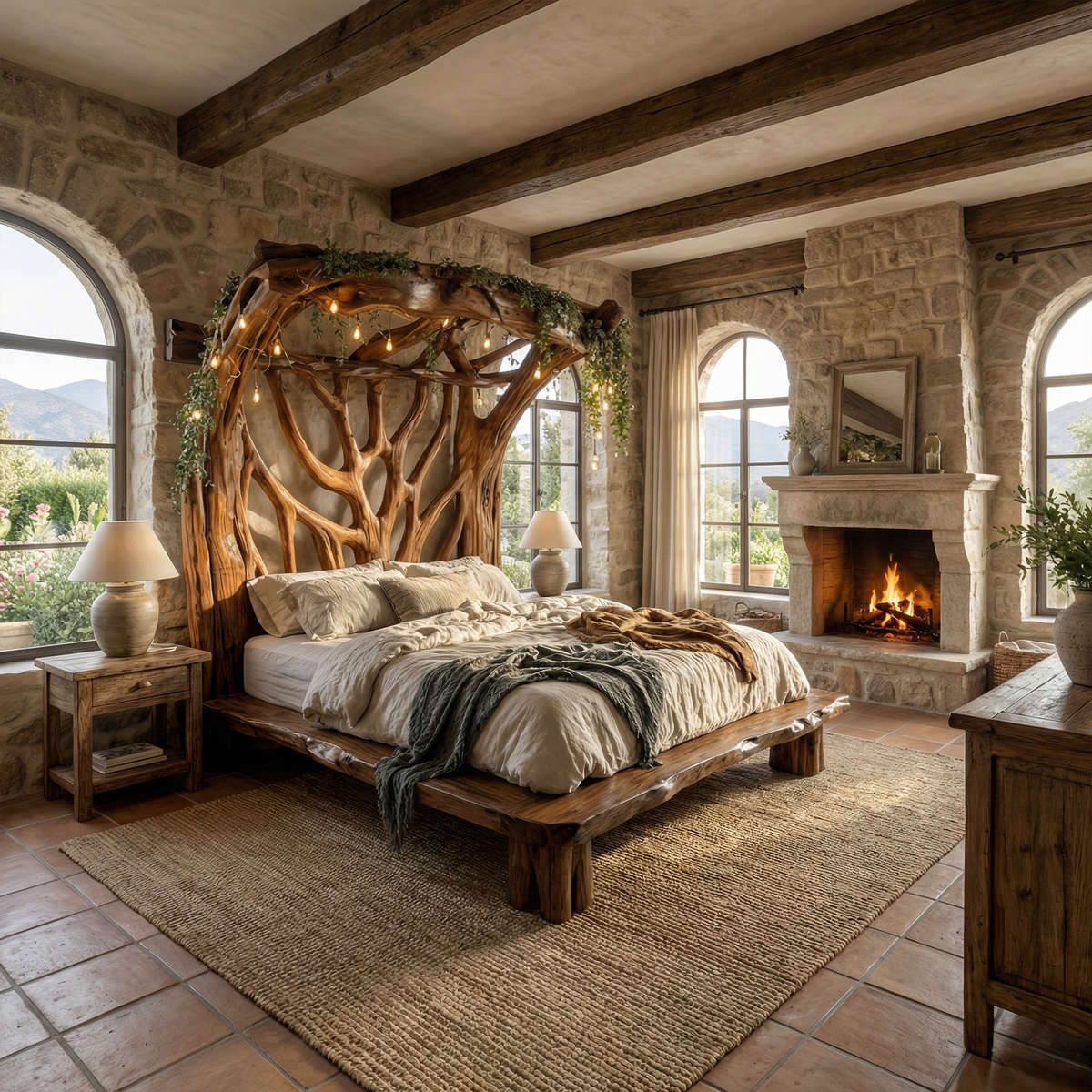 Tree Bed Frame, Rustic Solid Wood Queen or King Bed for Modern Bedroom