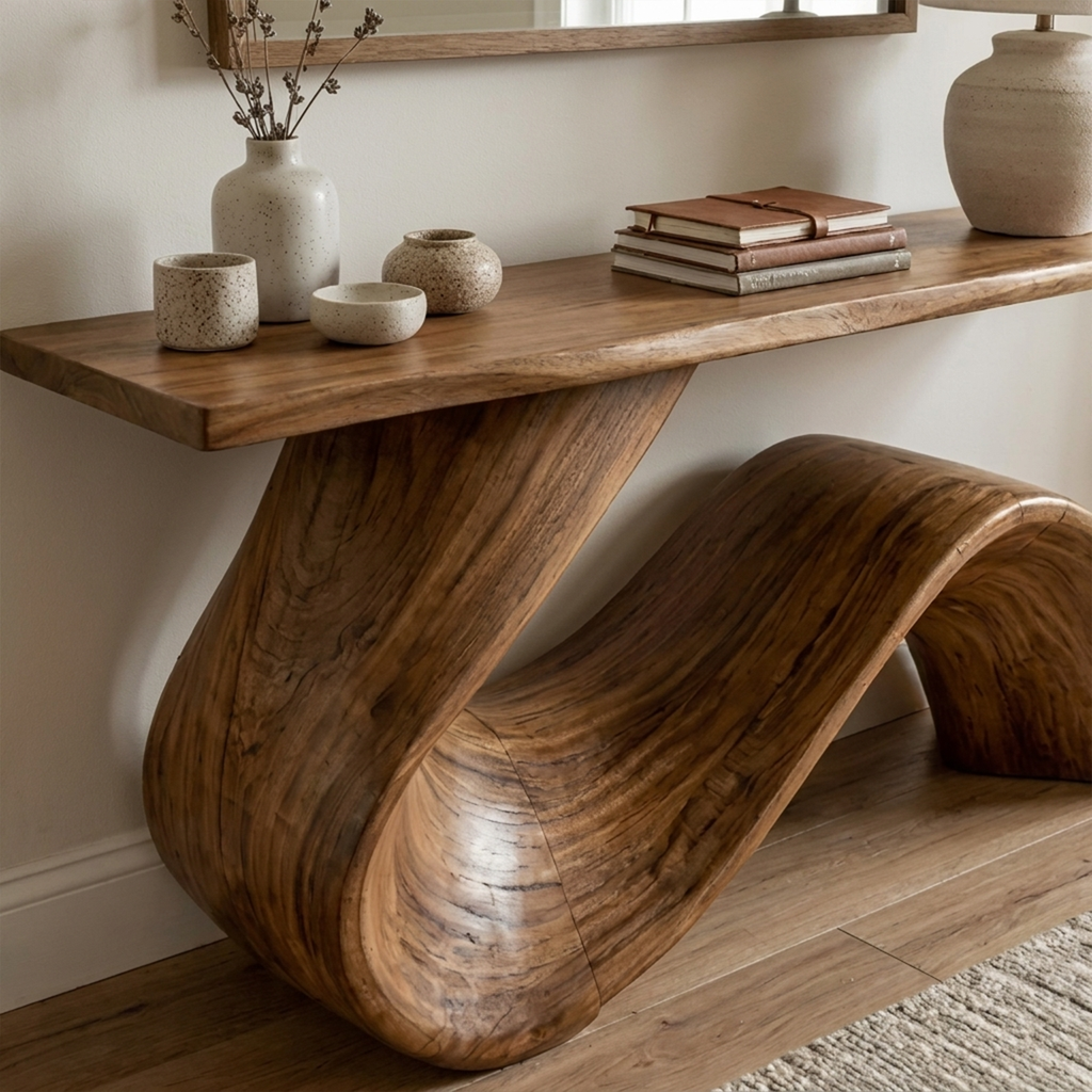 Console Table, Flowing Sculpted Solid Wood Entryway and Hallway Table