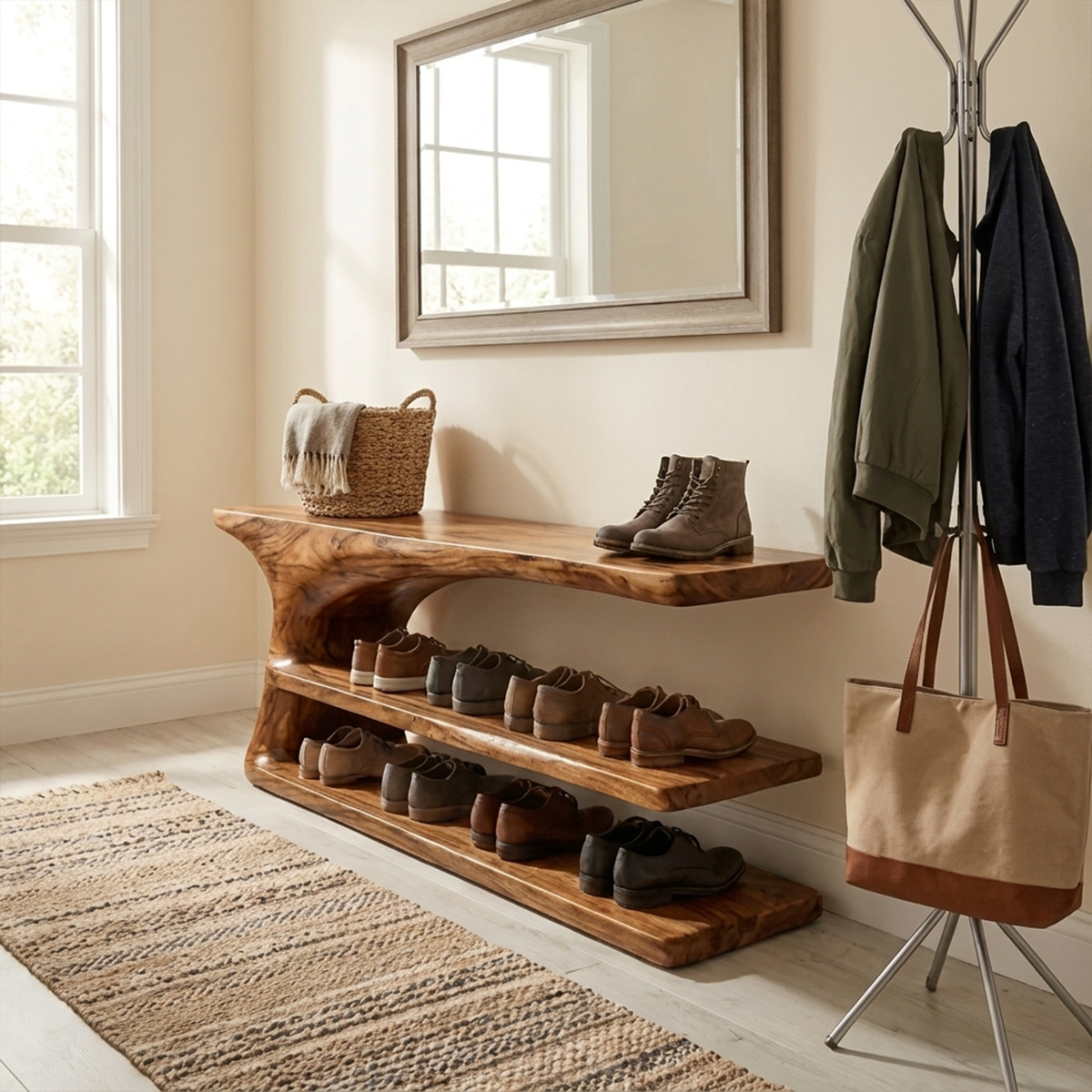 Hallway Shoe Bench, Mid Century Natural Wood Storage Bench