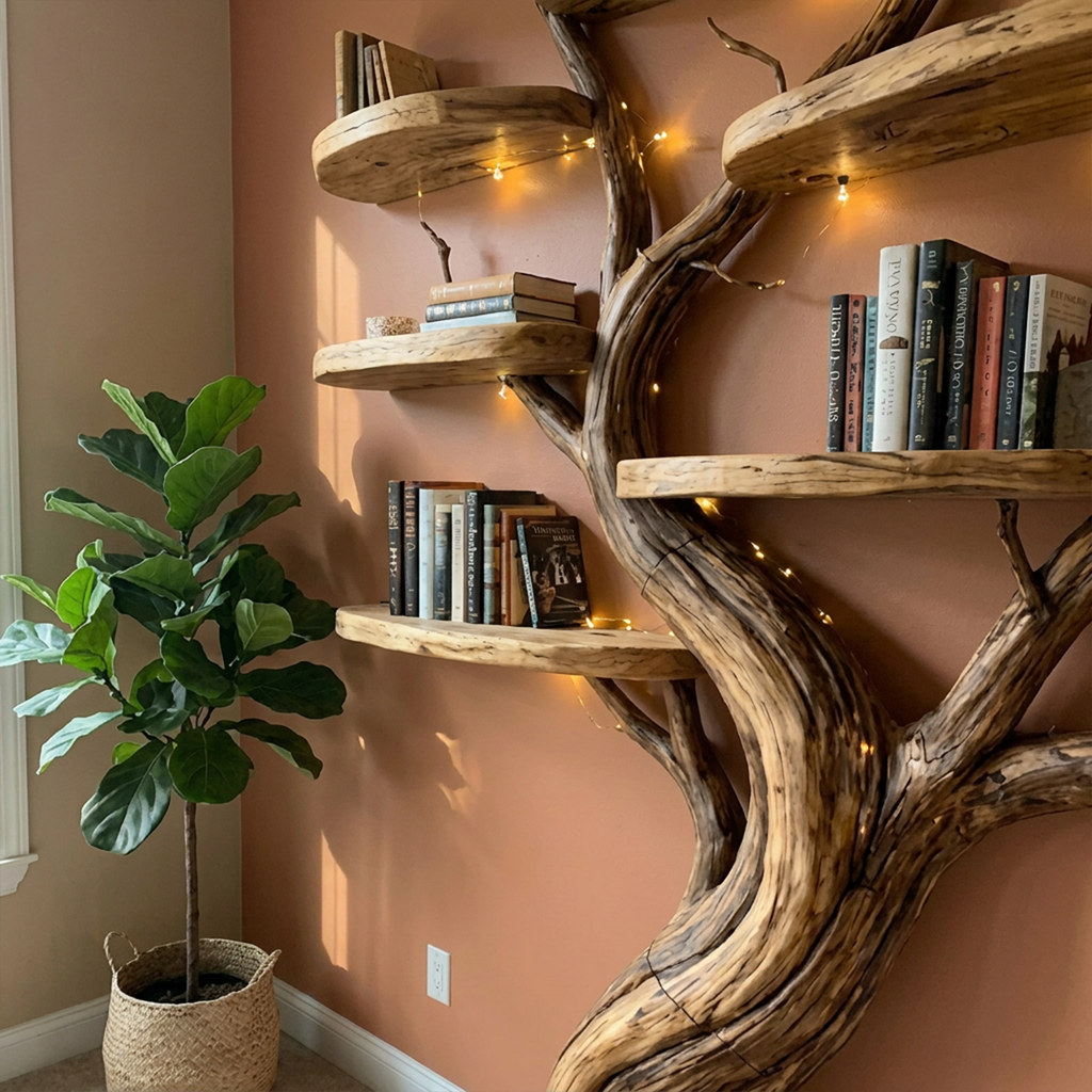 Organic Tree Bookshelf Sculptural Branch Wall Display for Living Room