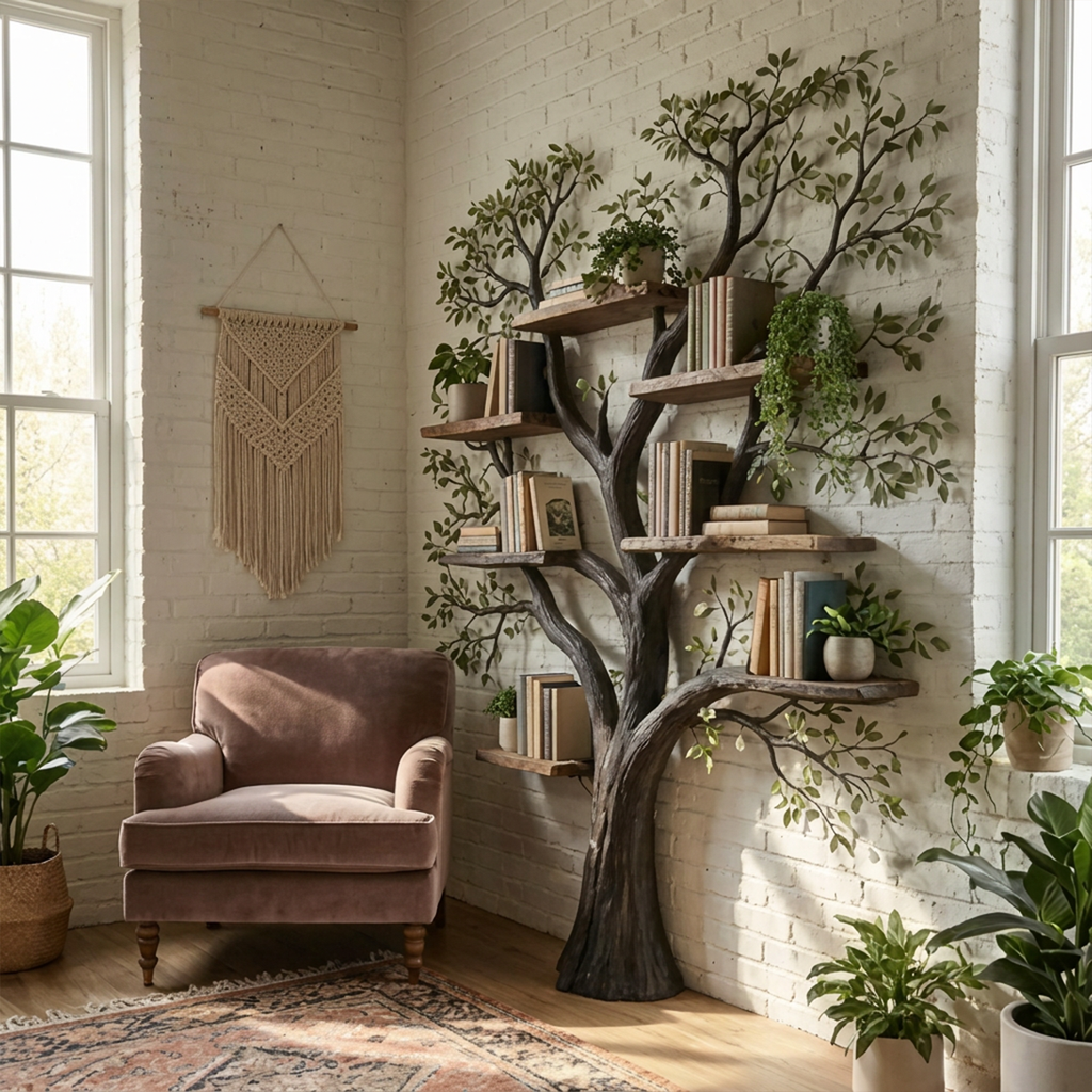 Wall Mounted Tree Bookcase, Floating Branch Display Shelf in Wood