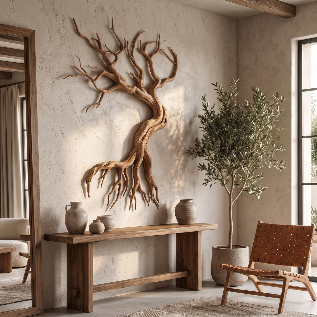 Tree Branch Wall Sculpture, Carved Hand and Clover Wood Wall Art