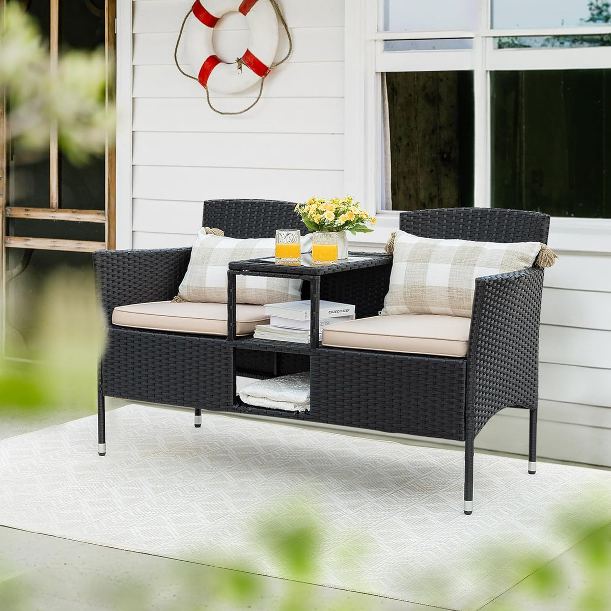 Flamaker Outdoor Wicker Patio Loveseat With Built-In Table And Cushions, Beige - 49.2 x 21.3 x 30.9 in