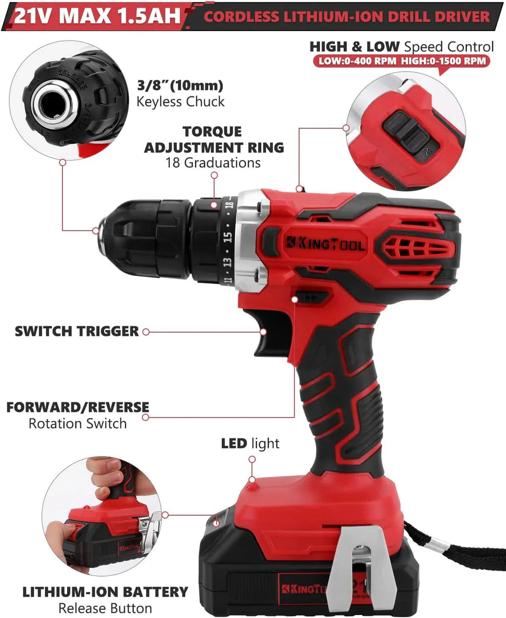 KINGTOOL 286-Piece Home Auto Repair Tool Set With Rolling Tool Box And 21V Max Cordless Power Drill