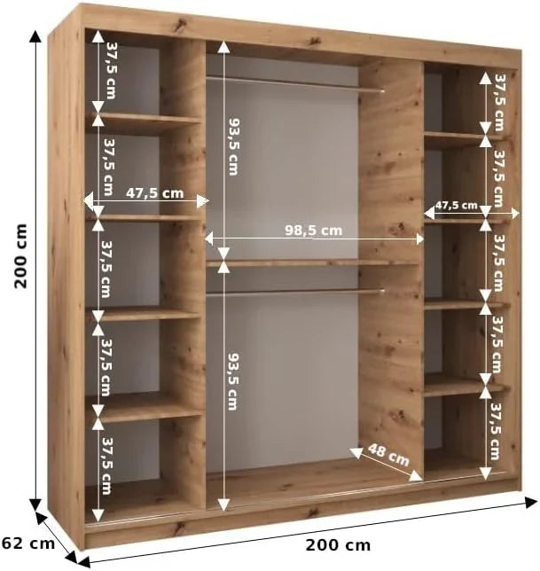 ABIKSMEBLE Bedroom Wardrobe With 3 Sliding Doors, Mirror, Black Matte And Sonoma, 200 x 200 x 62 cm - Verona 4 200