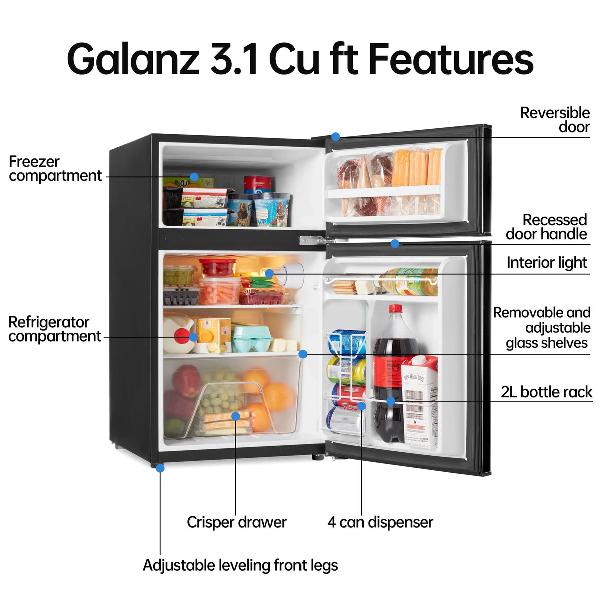 Galanz Two Door Mini Fridge, 3.1 Cu Ft, Black