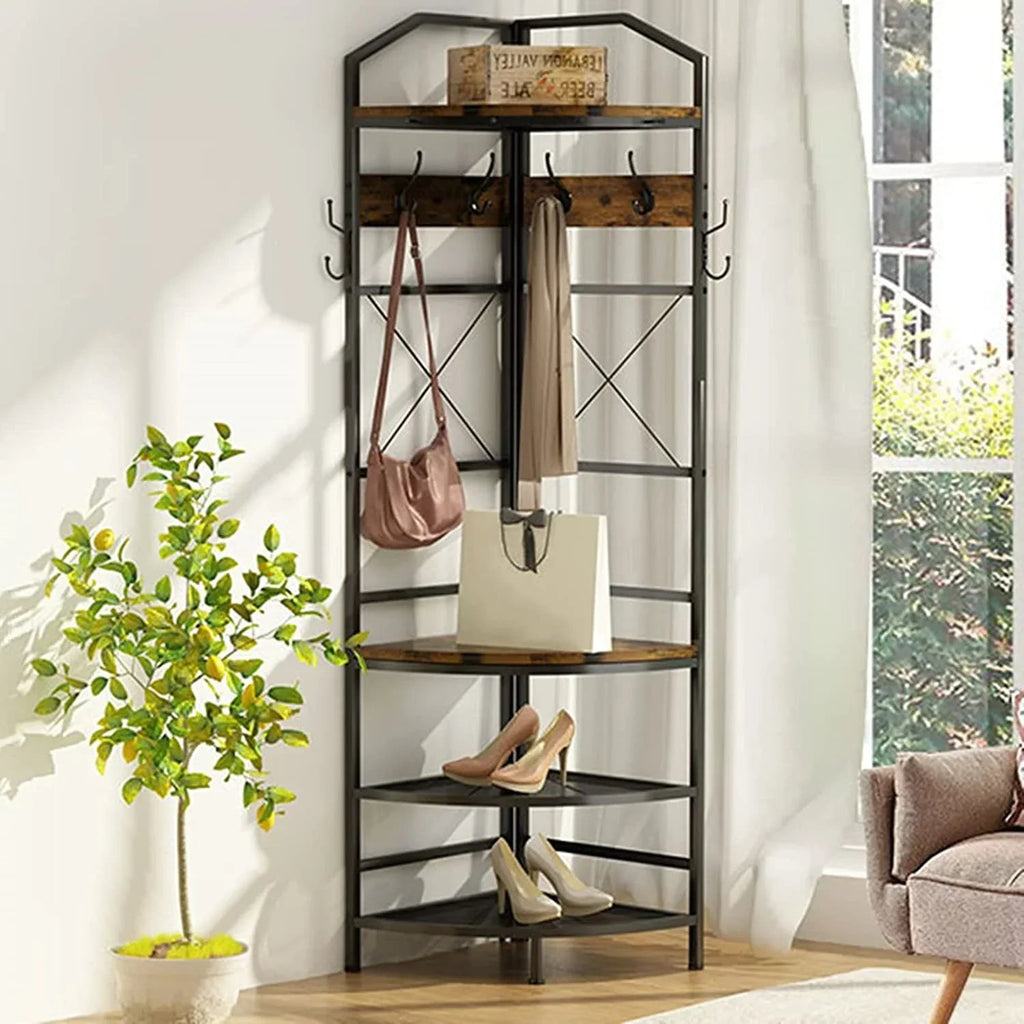 Corner Coat Rack Hall Tree With Shoe Bench, 6 Metal Hooks, Rustic Brown And Black, 17.72in x 17.72in x 72.05in