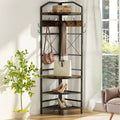 Corner Coat Rack Hall Tree With Shoe Bench, 6 Metal Hooks, Rustic Brown And Black, 17.72in x 17.72in x 72.05in