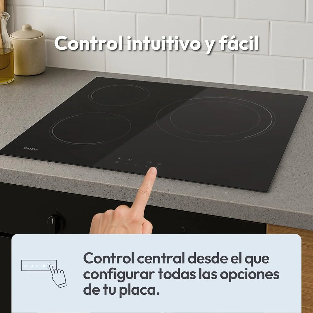 Candy Ceramic Hob 60 cm, 3 Cooking Zones, Double 30 cm Zone, Black - CH63DCC