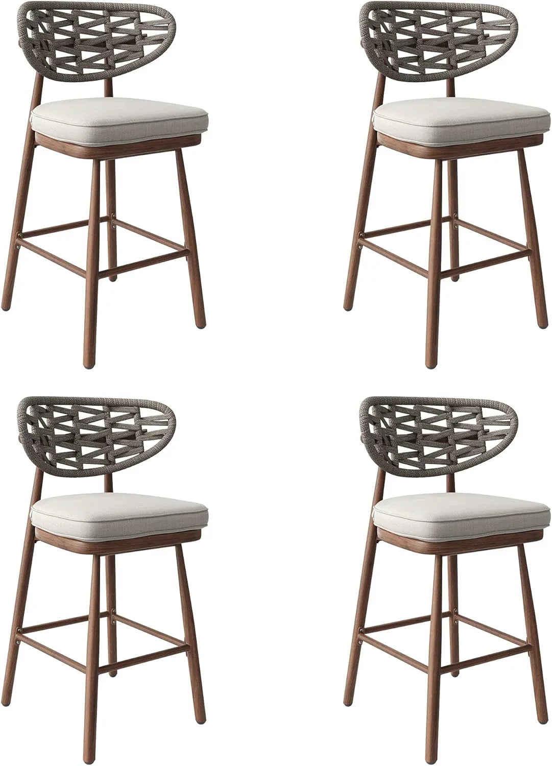 Outdoor Rattan Woven Bar Stools Set Of 2, 29 Inch Bar Height, Teak - Aluminum