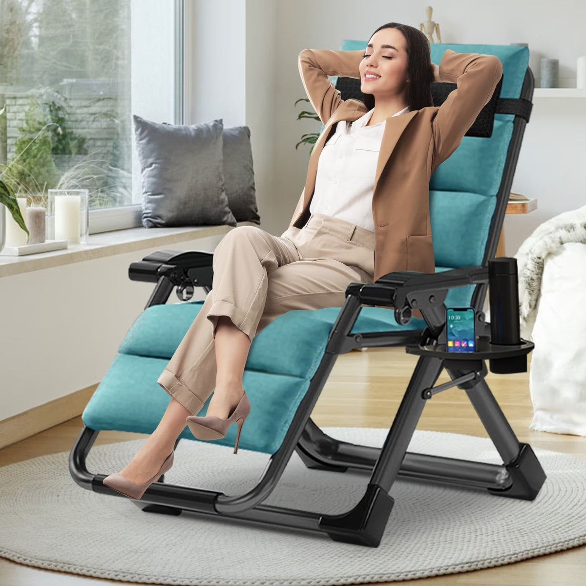 NAIZEA Zero Gravity Chair With Removable Cushion, Cup Holder, and Black Color