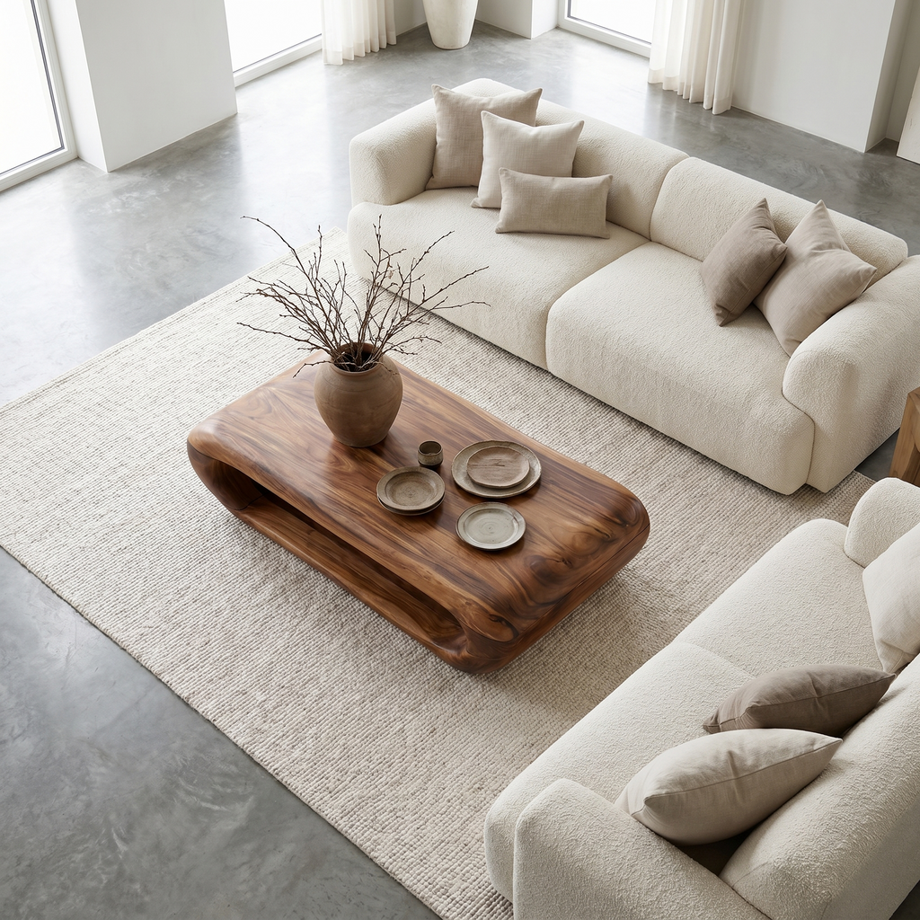 Organic Coffee Table with Open Storage, Solid Wood Living Room Table