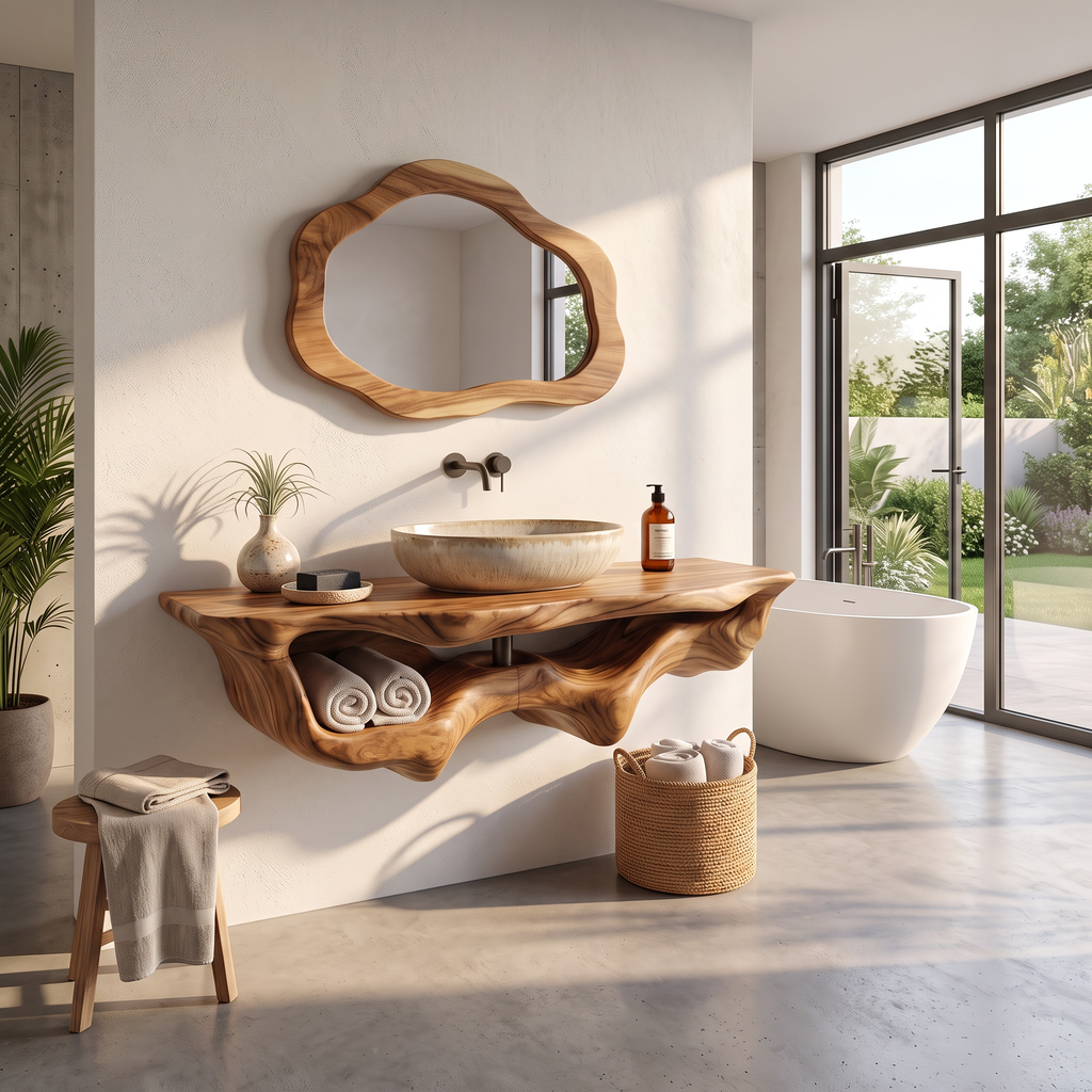 Live Edge Floating Vanity Shelf, Mid Century Wood Bathroom Counter