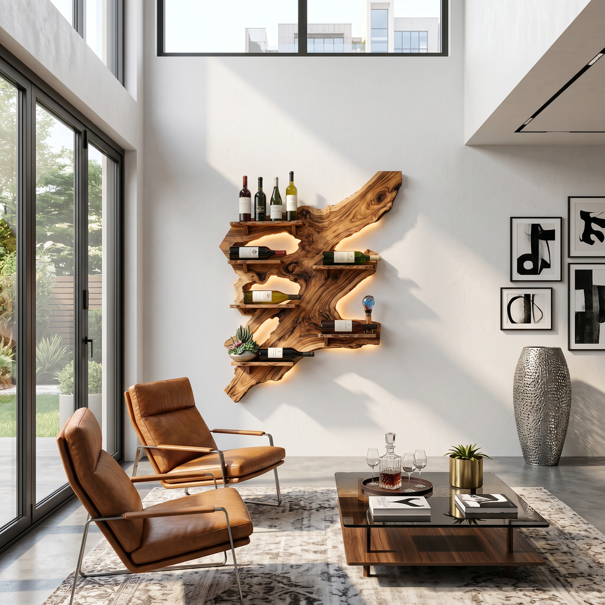 Rustic Wine Rack, Monkey Pod Wood Wall Display for Home Bar