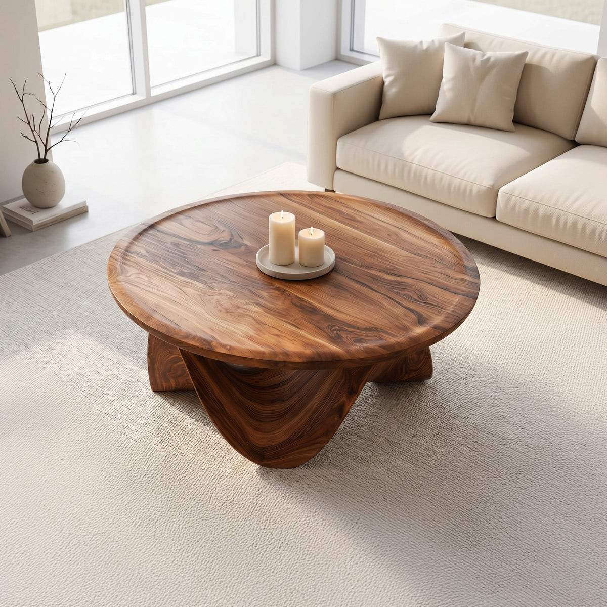 Round Coffee Table, Sculptural Solid Wood Low Table for Living Room