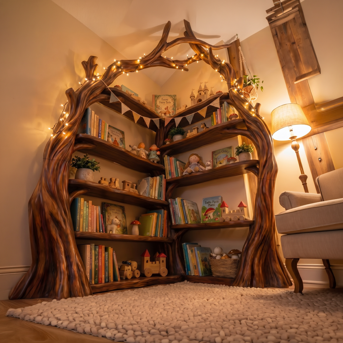 Corner Tree Bookshelf, Tall Wooden Branch Bookcase for Living Room