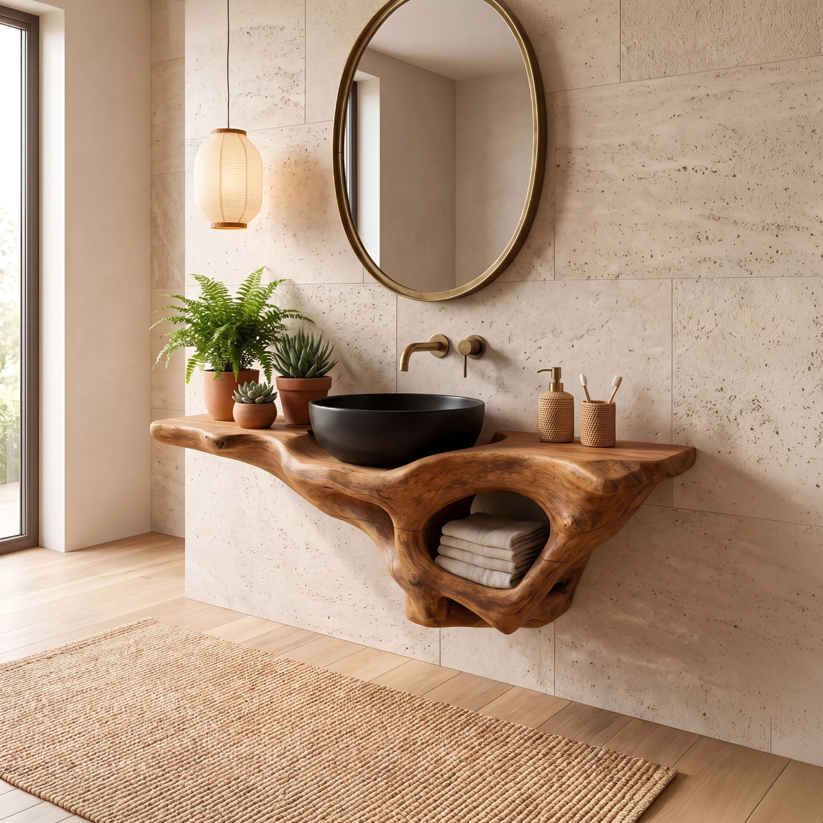 Mid Century Live Edge Vanity, Floating Wood Bathroom Sink Shelf