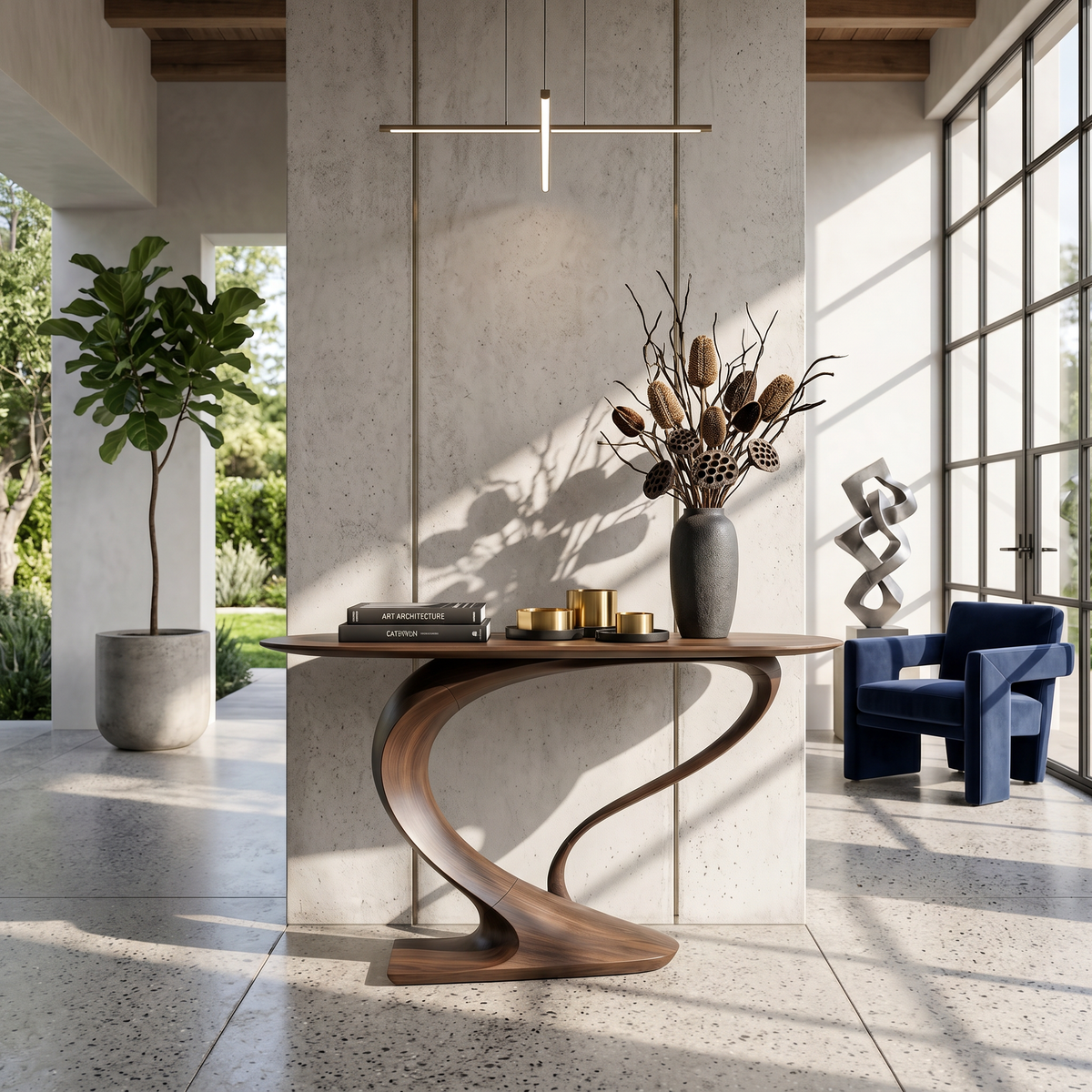 Curved Console Table, Contemporary Sculptural Solid Wood Design