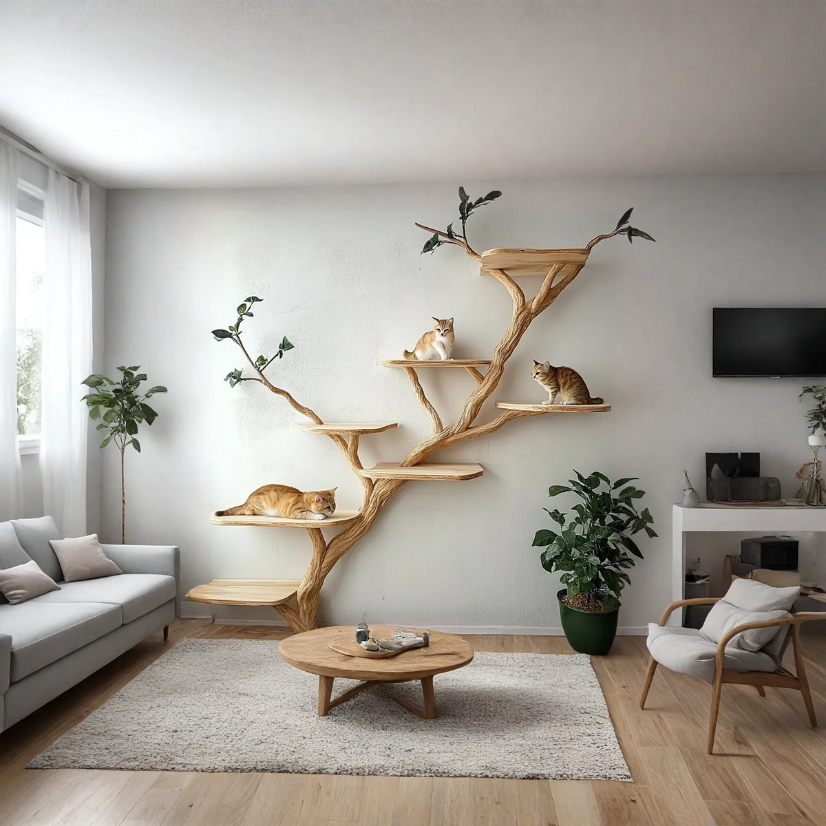 Wooden Cat Tree Tower, Natural Branch Design for Living Rooms