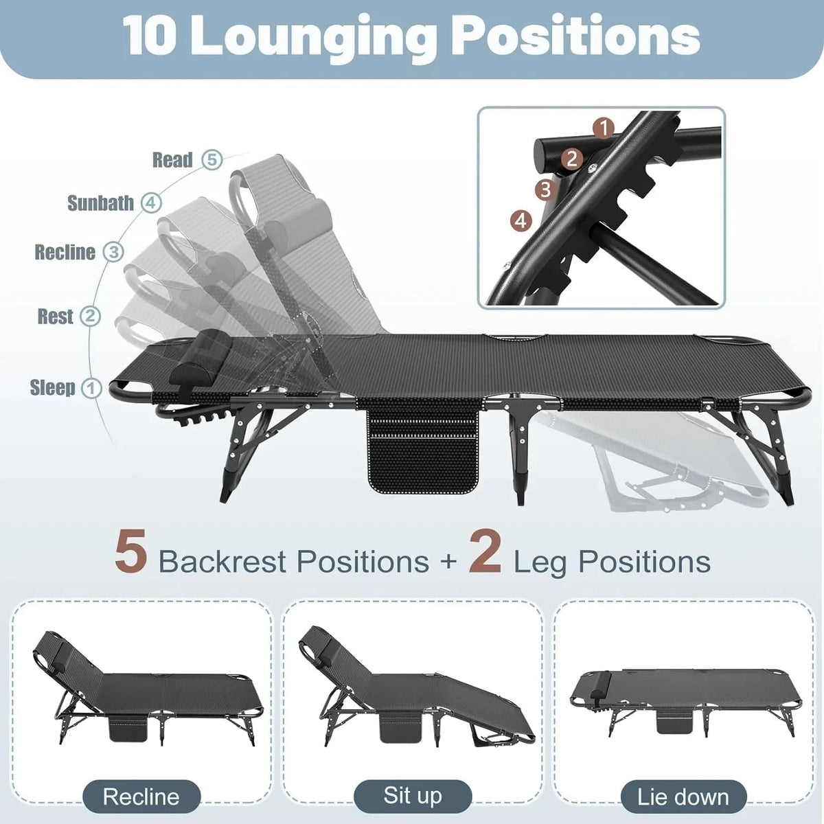 Slsy 5-Position Adjustable Folding Lounge Chair And Cot - 75.2" x 25.6" x 11.8"